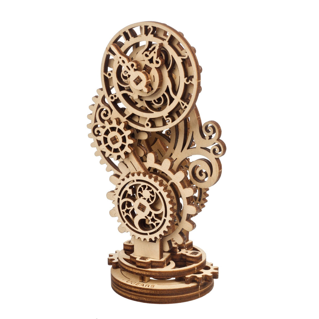 Steampunk-Uhr 2.0 aus Holz mit Zahnrädern auf Sockel