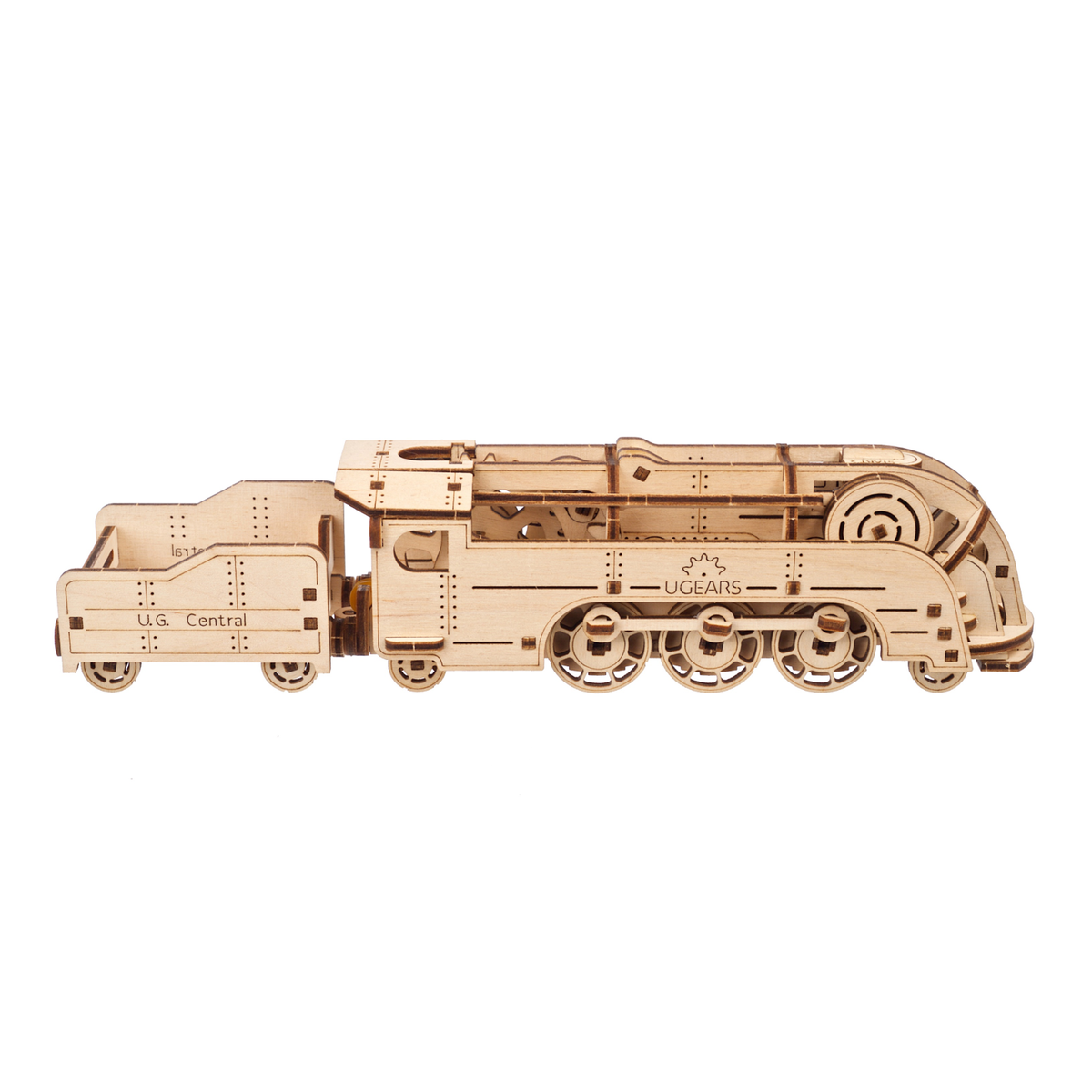 Mini-Eisenbahn aus Holz, Lok mit Tender in Seitenansicht