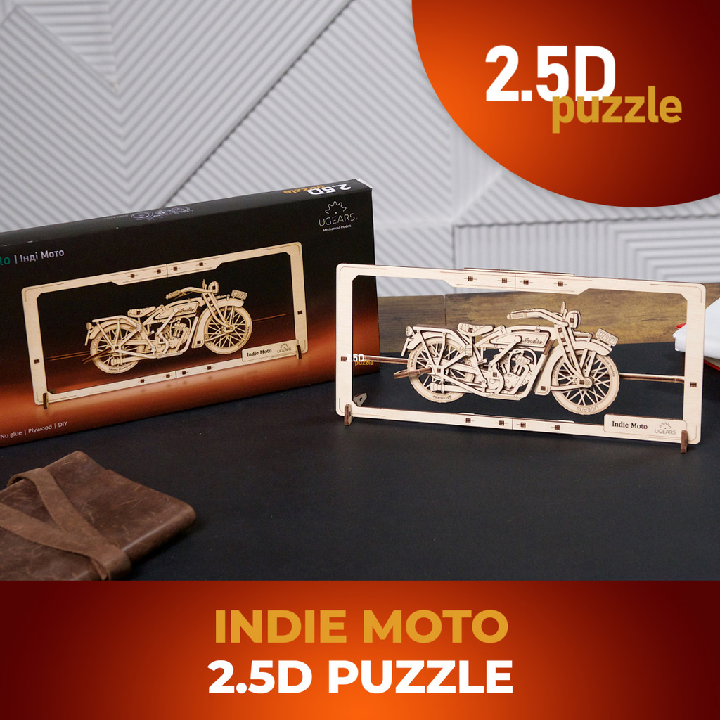 Indie Moto 2,5D-Holzpuzzle im Rahmen neben der Verpackung