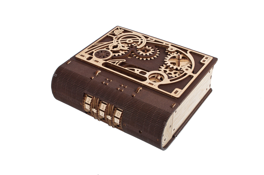 Buch der Geheimnisse aus Holz mit Zahlenschloss, dunkler Einband