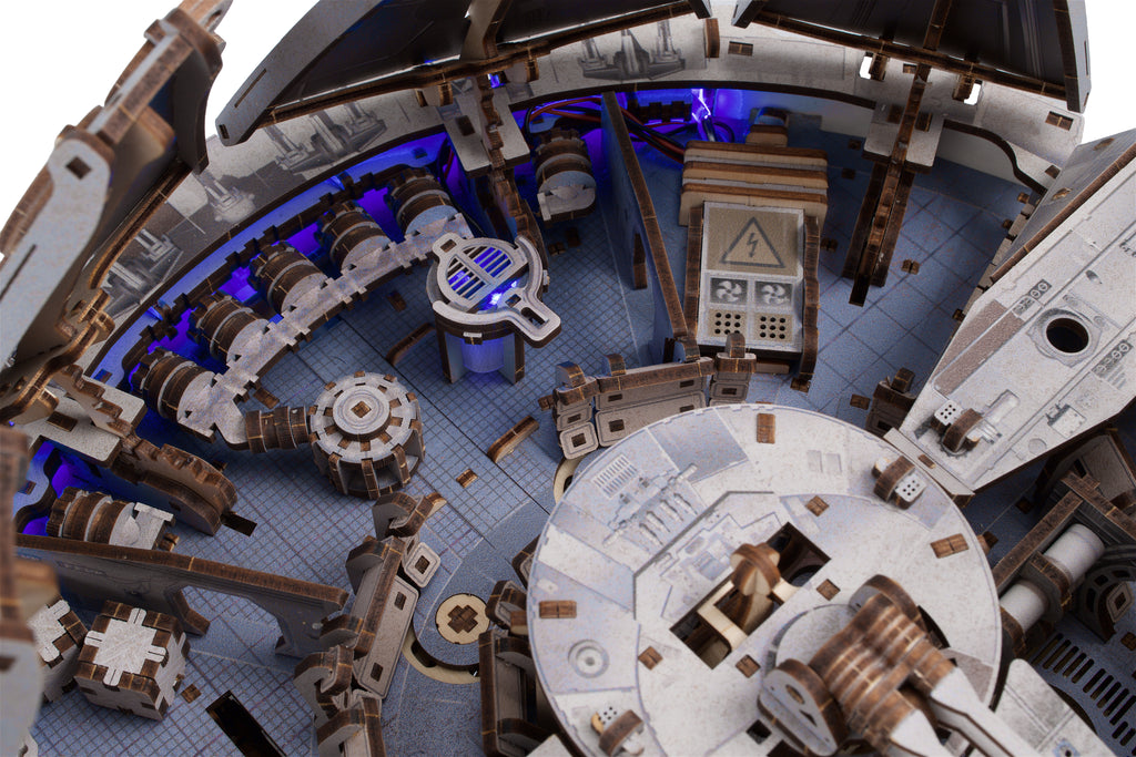 Wooden Millennium Falcon, cockpit and interior with blue lighting