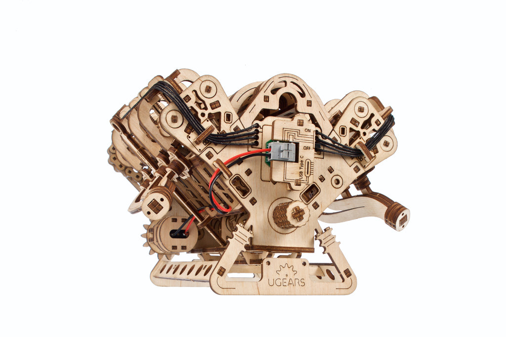 Wooden V8 Engine with cylinder blocks, front view