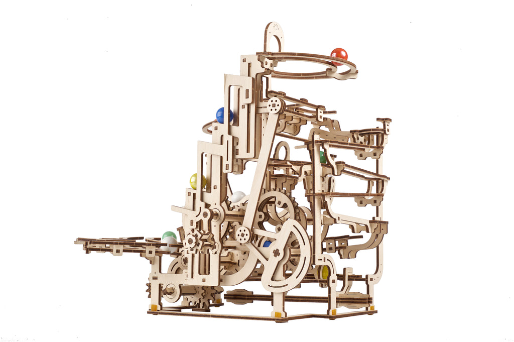 Wooden Marble Run Tiered Hoist with colourful marbles