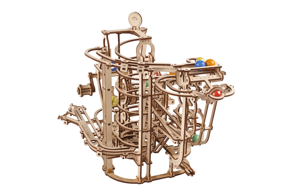 Wooden Marble Run Spiral Hoist with colourful marbles