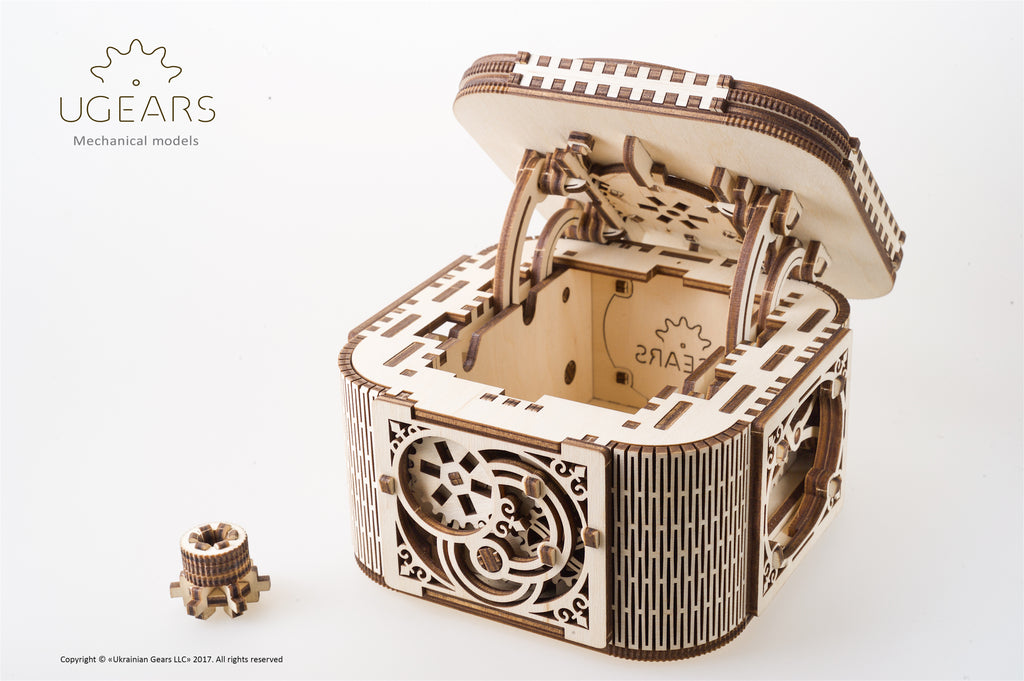 Wooden Treasure Box with open lid and gear mechanism